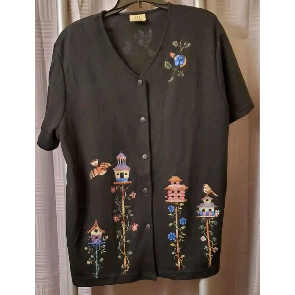Vintage TEDDI Knit Black Birdhouse‎ Motif Cardigan Size XL Sweater